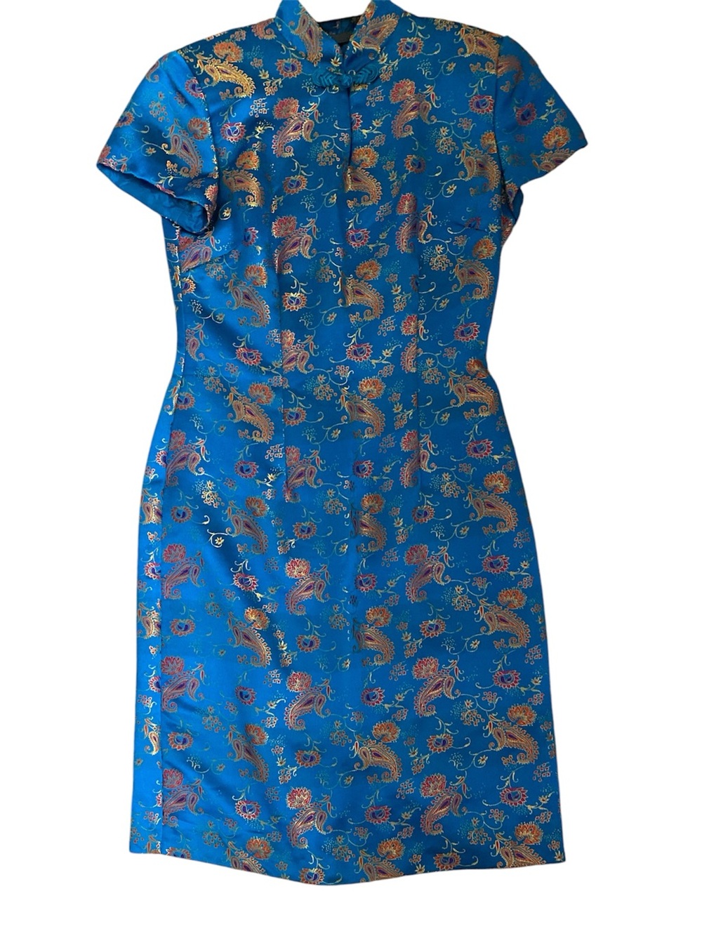 Turquoise  Blue Floral Brocade Cheongsam Dress by Oliver Warren